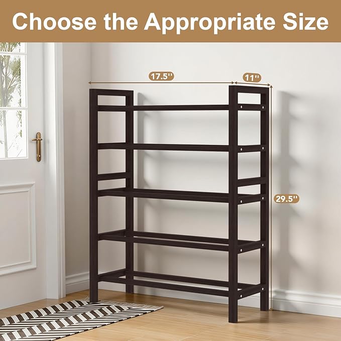 Haddockway Bamboo Shoe Rack for Closet, Free Standing Shoe Organizer with Smooth Round Rods & Convenient Handles, Stackable Shoe Storage Shelf for Entryway, Hallway(Brown, 5-Tier(Small))
