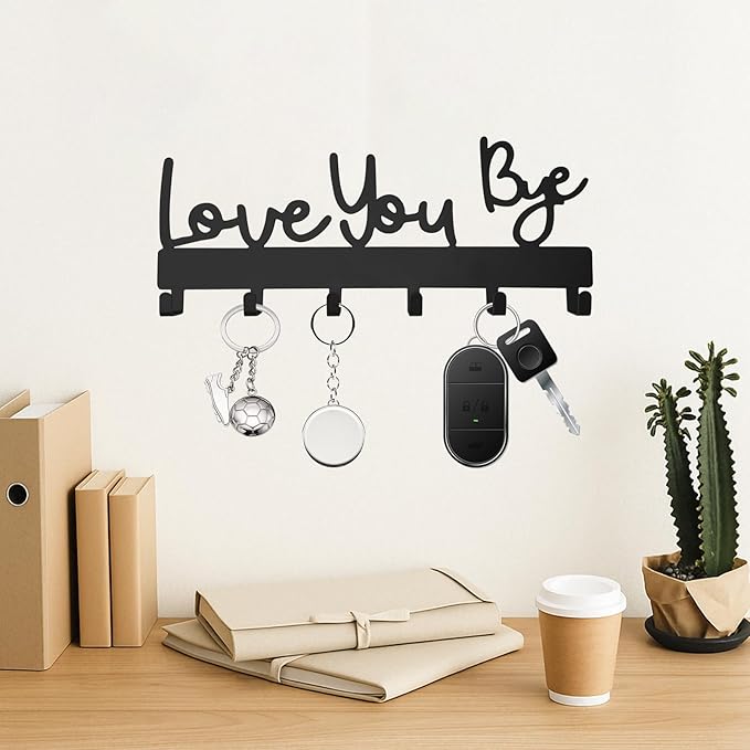Love You Bye Sign Key Holder Hook Wall Mounted Key Holder Rack Organizer Hanger with 6 Hooks for Wall Express Love Art Decor for Entryway Front Door Kitchen Hallway Office (Love You Bye)