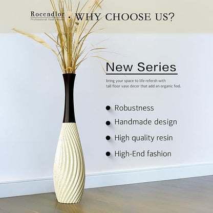 23.6 Inch Cream Tall White Vases – Brown Neck Teardrop Vase with Textured Vertical Lines & Speckled Finish, Decorative Floor Vase for Living Room, Wedding, Boho Home Decor – Resin Tall Vases