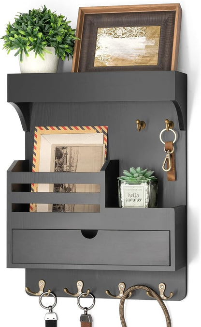 Rebee Vision Modern Key Holder Wall Mount with Drawer Organizer - Pine Wood Mail and Key Organizer with 6 Keys Hooks and Floating Wall Shelf - Stylish Home Decor for Apartment (Black)