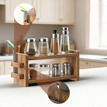 Solid Wood Coffee and Matcha Station Organizer - Farmhouse 2 Tier Shelf with Straw Holder for Matcha, Pods, Sugar, Tea, Cups, Stirrers, Mugs Storage for Home Kitchen Countertop