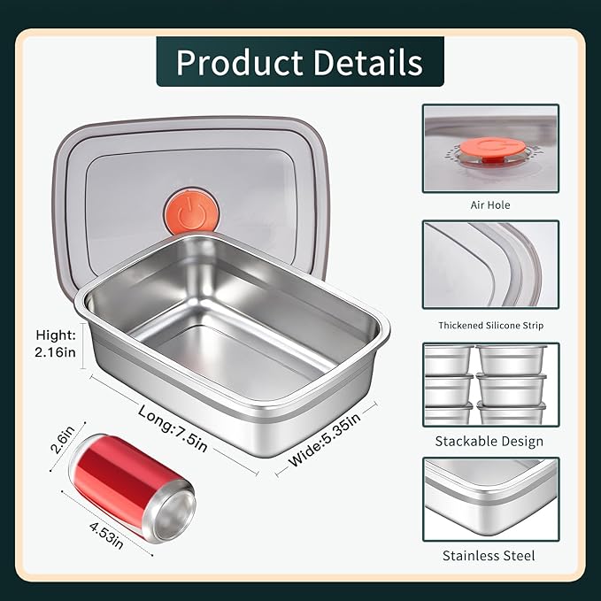 10 Pack Stainless Steel Food Storage Containers with Leak-Proof Lids, 37oz Reusable Metal Meal Prep Lunch Boxes, Stackable, Dishwasher Safe for Snacks, Fruits & On-the-Go Meals, BPA-Free
