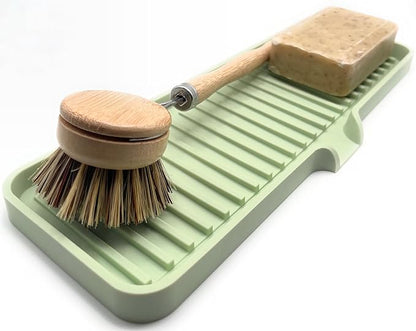 Happitasa Silicone Soap Dish Tray and Sponge Holder with Drain Chute | Bathroom and Kitchen Sink Organizer Caddy (Pistachio, 12"x4", 7.4 Ounces)