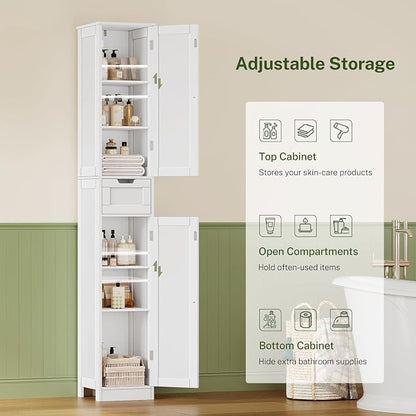 TEENFON 67 Tall Bathroom Cabinet with 6 Shelves & 1 Drawer, Narrow Storage Cabinet with Adjustable Shelves, Silm Cabinet for Living Room, Kitchen, White
