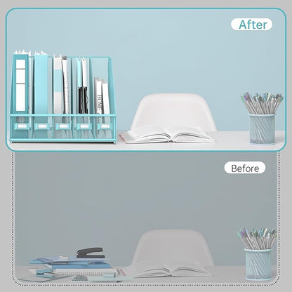 SUPEASY Desk Organizers Metal Desk Magazine File Holder with 5 Vertical Compartments Rack File Organizer for Office Desktop, Classroom, Home Workspace, Blue Plus