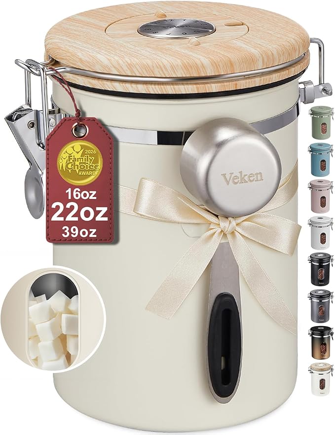 Veken Coffee Sugar Canister with Window, Gifts For Women,Airtight Stainless Steel Kitchen Food Storage Container Gift, Date Tracker & Scoop for Ground, Beans,Tea,Flour,Cereal, 22OZ, Cream