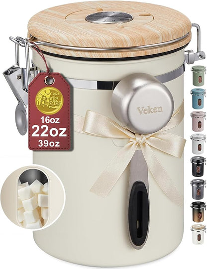 Veken Coffee Sugar Canister with Window, Gifts For Women,Airtight Stainless Steel Kitchen Food Storage Container Gift, Date Tracker & Scoop for Ground, Beans,Tea,Flour,Cereal, 22OZ, Cream