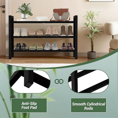 Haddockway Bamboo Shoe Rack for Closet, Free Standing Shoe Organizer with Smooth Round Rods & Convenient Handles, Stackable Shoe Storage Shelf for Entryway, Hallway(Black, 3-Tier)