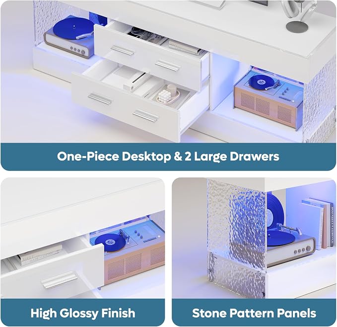 Bestier Modern 60 Inch TV Stand for 65/60/55+ TV, High Gloss White Entertainment Center with 2 Drawers & LED Lights, Stone-Pattern Side Panels TV Consoles for Living Room, Bedroom