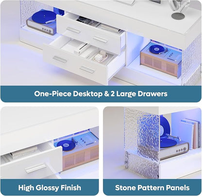 Bestier Modern 60 Inch TV Stand for 65/60/55+ TV, High Gloss White Entertainment Center with 2 Drawers & LED Lights, Stone-Pattern Side Panels TV Consoles for Living Room, Bedroom