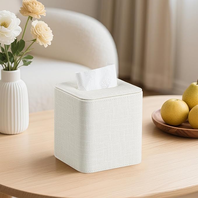 Cretkhp Square Tissue Box Cover with Magnetic Closure, Modern PU Leather Tissue Box Holder for Bathroom Vanity Countertop Night Stands Bedroom Office Desk, Stylish Cube Tissue Holder (Cream)