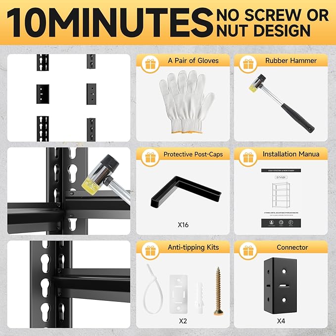cynnda 5-Tier 60”D X 20”W X 72”H Garage Shelving Heavy Duty 3000LBS Shop Shelves Heavy Duty Adjustable Unit Rack Metal Rack (Black)