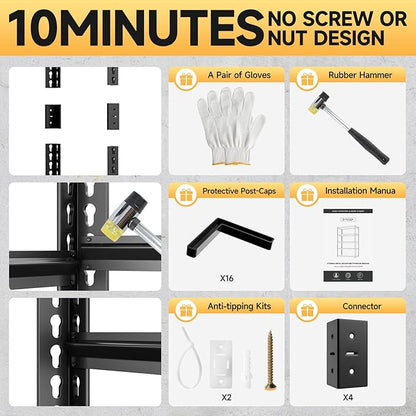cynnda 5-Tier 60”D X 20”W X 72”H Garage Shelving Heavy Duty 3000LBS Shop Shelves Heavy Duty Adjustable Unit Rack Metal Rack (Black)