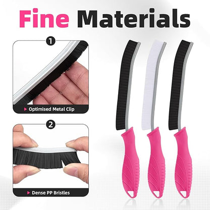 FOOGWEE Hard Bristle Crevice Cleaning Brush - Cleaning Supplies - Grout Cleaning Brushes for Household Use - Crevice Cleaning Tool for Bathroom, Home and Kitchen (3, Rose)