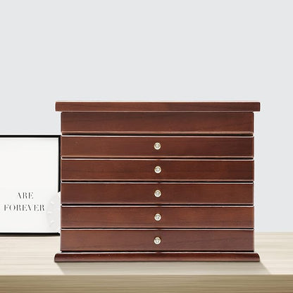 Wood Jewelry Box 6-Tier Large Jewelry Organizer Cabinet with 5 Drawers Women Girls Storage Display Case for Necklace Rings Earrings Accessories, with Mirror and Lock (Without Mirror-brown)