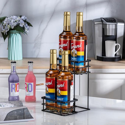 Coffee Syrup Organizer, 4 Bottle Capacity Syrup Stand, 2 Tier Syrup Rack for Coffee Bar Accessories with 4 Coffee Syrup Pump, Syrup Holder for Kitchen, Storage for Syrup, Wine, Dressing（Black）