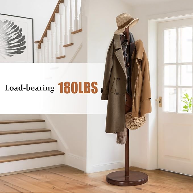 Coat Rack Stand Solid Wooden Coat Tree with 9 Cute Ball Hooks, 72.4" Heavy Duty Coat Rack Freestanding with Round Base, Rubberwood Coat Hanger Stand for Hallway, Entryway Bedroom (Walnut)