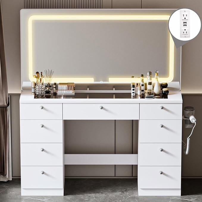 46 INCH Makeup Vanity Desk with Mirror - Glass Tabletop Vanity Table with Lights, Drawers, Power Outlet, Large Storage Desk for Bedroom, White
