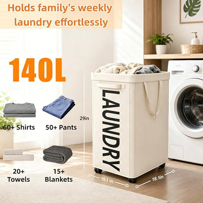 Optish 140L Laundry Hamper with Wheels, Rolling Laundry Basket with Removable Mesh Bag, Extra Large Clothes Hamper on Wheel for Bedroom, Bathroom, Dorm Room Essentials, White