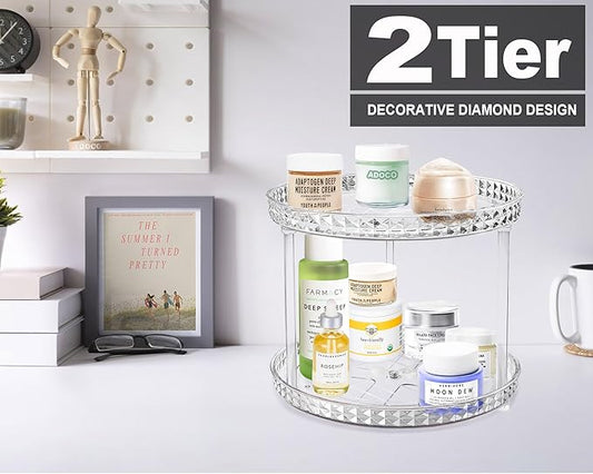 2 Tier Diamond Lazy Susan Bathroom Organizer Countertop, Clear 360 Rotating Cosmetic Makeup Organizer for Vanity, Skincare Organizers Perfume Organizer for Counter - Organization and Storage -9.25INCH
