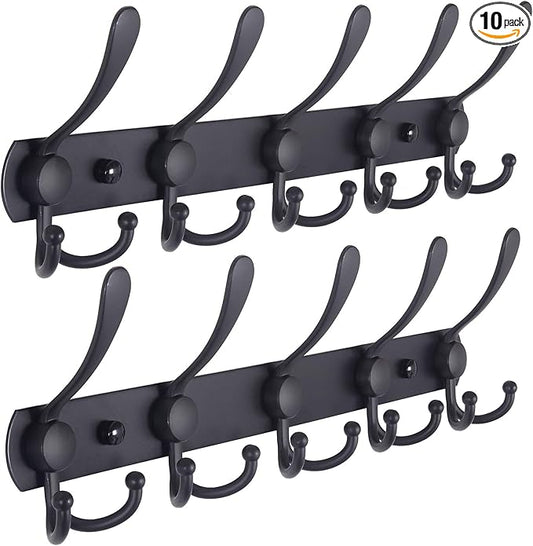 Dseap Coat Rack Wall Mounted - 5 Tri Hooks, Heavy Duty, Stainless Steel, Metal Coat Hook Rail for Coat Hat Towel Purse Robes Mudroom Bathroom Entryway (Black, 2 Packs)