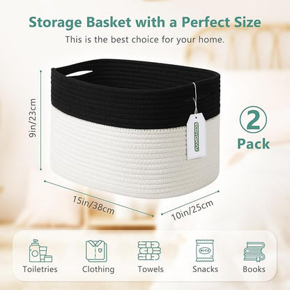 Cotton Rope Storage Basket, 15x10x9 Inches, Woven Basket for Shelves, Clothes, Towels, Books, and Laundry, Black/White (2 Pack)