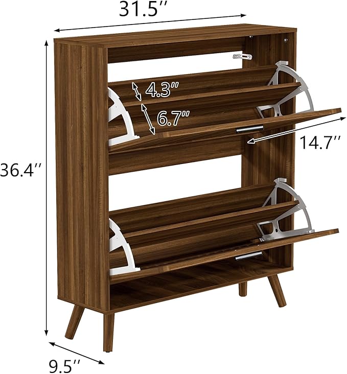 Vibe & Dine Shoe Cabinet with 2 Flip Drawers, Narrow Shoe Rack with Black Handles, Free Standing Shoe Storage Cabinet for Entryway Slim, Wood Shoe Organizer Cabinet for Hallway, Bedroom, Walnut