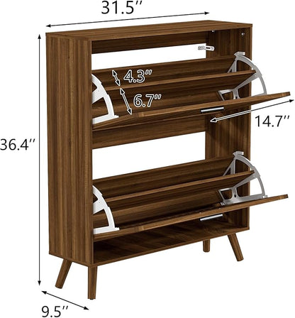Vibe & Dine Shoe Cabinet with 2 Flip Drawers, Narrow Shoe Rack with Black Handles, Free Standing Shoe Storage Cabinet for Entryway Slim, Wood Shoe Organizer Cabinet for Hallway, Bedroom, Walnut