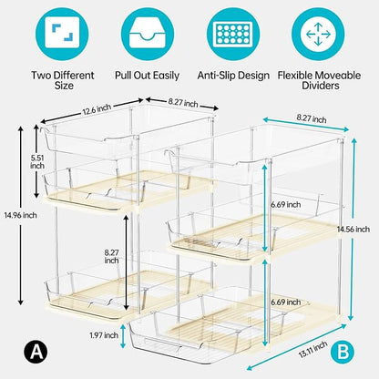 Delamu 2 Pack 3-Tier Bathroom Under Sink Organizers and Storage, Multi-Purpose Stackable Pantry Organization and Storage, Pull Out Clear Kitchen Bathroom Cabinet Organizer with Movable Dividers, Beige