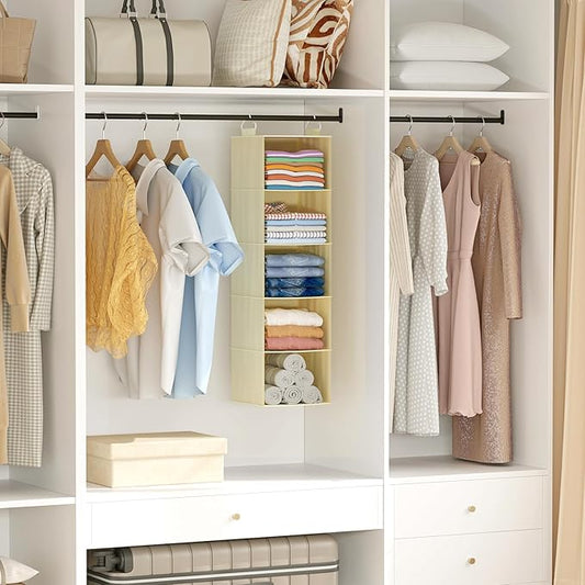 Lifewit 5 Tier Hanging Closet Organizer and Storage for Shelves, Foldable Clothes Shelf with 2 Sturdy Hooks, Sweater/Coat/Shoes Clothing Organization for Wardrobe, Dorm, Bedroom, Beige