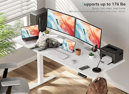63 x 28 inch Electric Standing Desk Adjustable Height with 4 Wheels, 4 Memory Height Settings, 2 Headphone Hook, for Home Office, White