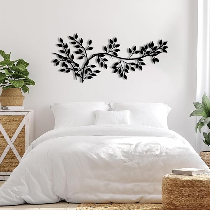 yumcake Metal Tree Leaf Wall Decor, Metal Tree Wall Art, Vine Olive Branch Leaf, Leafy Ivy, Leaves Hanging Wall Art, Branch Wall Decor for Living Room (Silver, 41 x 18 inches / 105 x 45 cm)