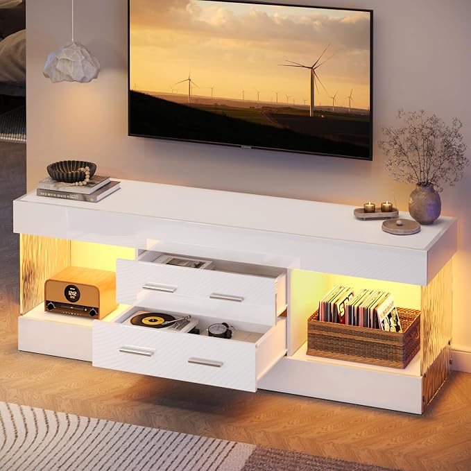Bestier Modern 60 Inch TV Stand for 65/60/55+ TV, High Gloss White Entertainment Center with 2 Drawers & LED Lights, Stone-Pattern Side Panels TV Consoles for Living Room, Bedroom