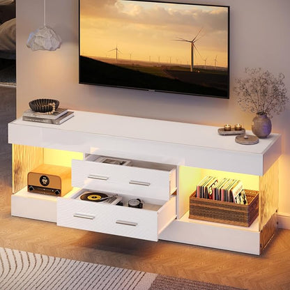 Bestier Modern 60 Inch TV Stand for 65/60/55+ TV, High Gloss White Entertainment Center with 2 Drawers & LED Lights, Stone-Pattern Side Panels TV Consoles for Living Room, Bedroom