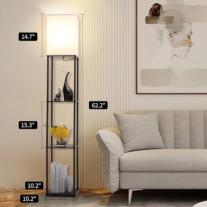 Gupuzm Floor Lamp with Shelves, Modern Square Standing Lamp with 3 Color Temperature Bulb, Corner Display Bookshelf Lamp for Living Room, Bedroom and Office (Black)