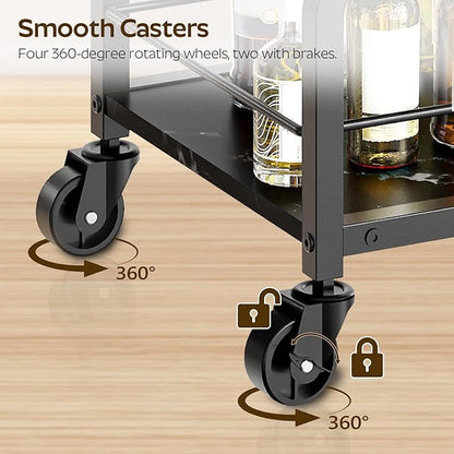 Bar Cart, Bar Cart for The Home, Small Bar Cart on Wheels, Beverage Cart, Home Bar Serving Cart with Glass Holder, Drink Cart for Bar, Kitchen, Marble Black and Black BC03BM