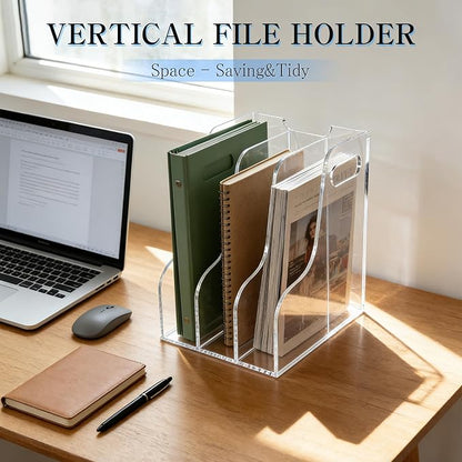 3-Tier Clear Acrylic File Holder, Vertical Document Organizer for Magazines, Binders, Notebooks & Envelopes - Multi-Purpose Desk Storage for Home Office（A4,3 Sections）