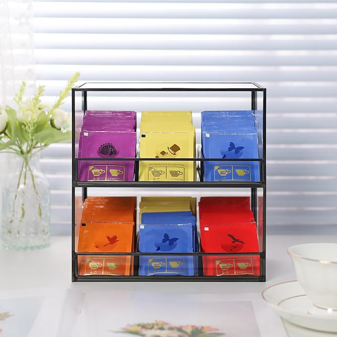 REDHUGO Glass Tea Bag Organizer for Counter, 2-Tier Teabag Organizer Storage Holder for Tea Bags, Glass Caddy Box Containers, Rack Teabag Station Stand for Cabinet Kitchen, 2-Tier, Black