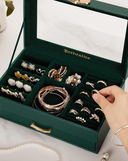 Jewelry Box with 1 Drawers: Display Organizer for Earrings Necklaces - Christmas Gifts for Girls Women (Forest Green)