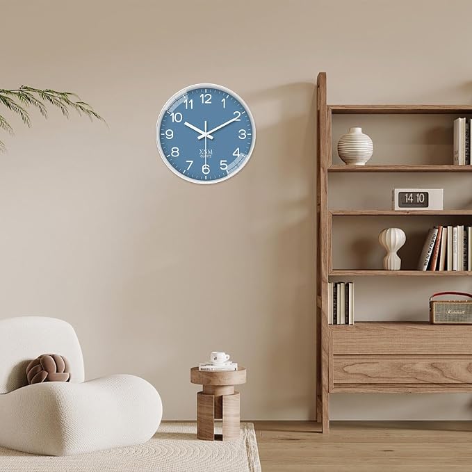 XNM Modern Blue Wall Clocks Battery Operated 10 Inch Classic Analog Clock for Home Office Bedroom Decor Minimalist Wall Clock Silent Non Ticking