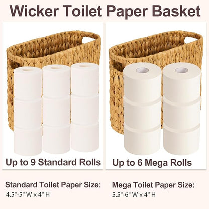 FairyHaus Wicker Toilet Paper Storage Basket with Buit-in Handles, 9 Rolls Natural Water Hyacinth Toilet Paper Holder Stand with Storage, Freestanding Handwoven Toilet Paper Holder Basket for Bathroom
