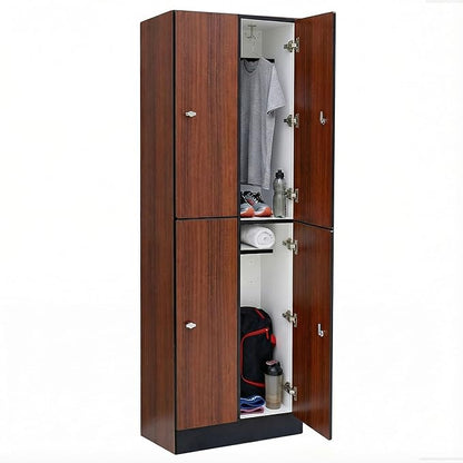 Alpine 4 Door Wooden Locker Cabinet - 72" Expandable Commercial Storage Lockers for Gym, Spa, Office & Golf Club - Includes Metal Base & Lock-Ready Handles, Double Column 2 Tier - Walnut