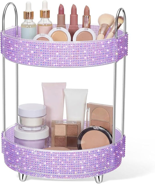 Honeydak 360 Rotating Perfume Organizer Gift for Women, Rhinestone Preppy Skincare Organizer Bathroom Counter Makeup Holder Skincare and Perfume Storage for Cosmetic(2 Tiers,Resin Diamond,Purple)