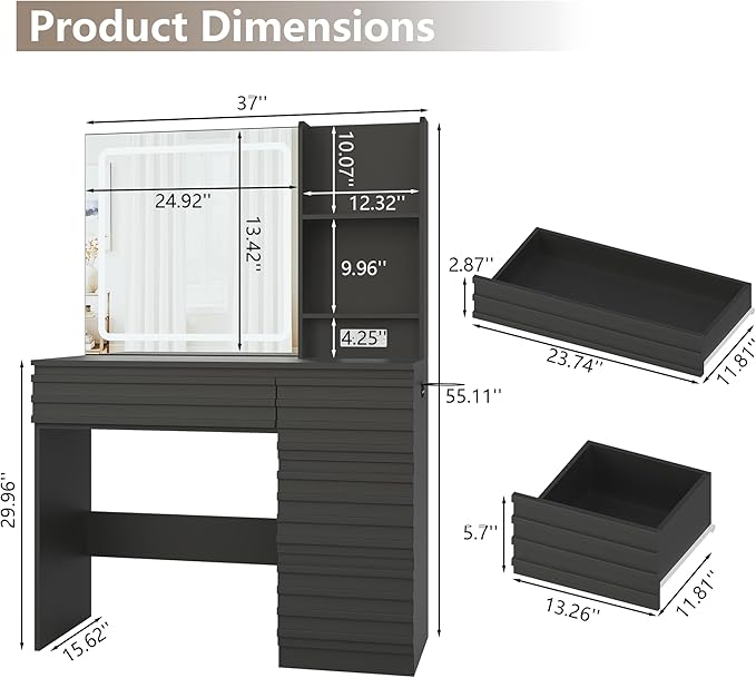 Fluted Vanity Desk with HD Mirror and Lights, Wood Makeup Vanity Table with 4 Drawers & Open Shelves, Mid Century Dressing Table Set with Charging Station, 3 Color Lighting Modes for Bedroom, Black