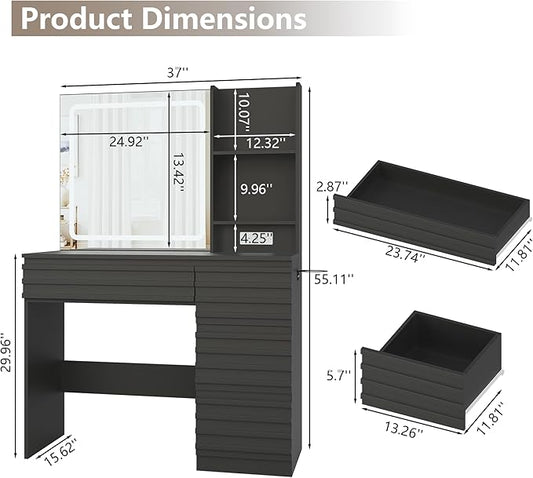 Fluted Vanity Desk with HD Mirror and Lights, Wood Makeup Vanity Table with 4 Drawers & Open Shelves, Mid Century Dressing Table Set with Charging Station, 3 Color Lighting Modes for Bedroom, Black