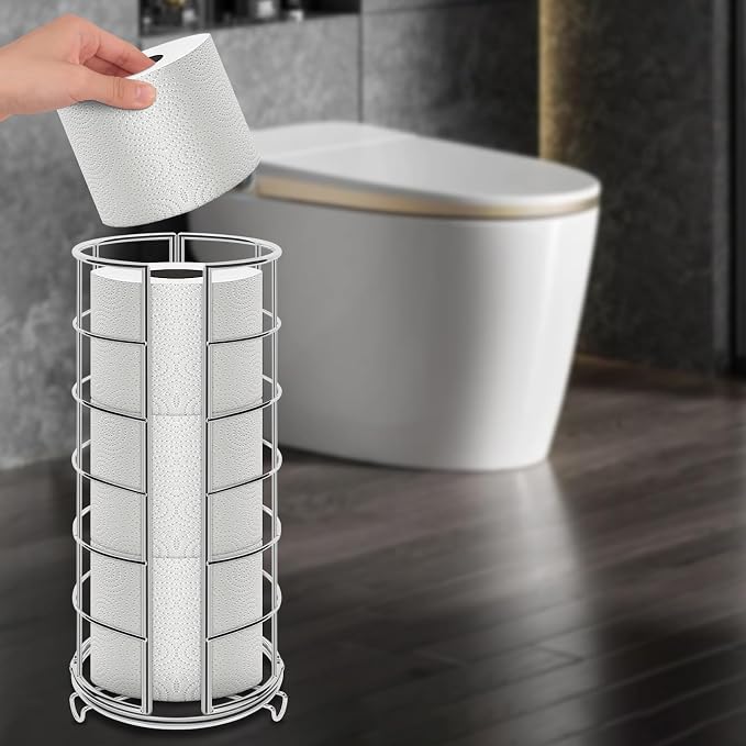 NearMoon Toilet Paper Organizer Stand, Free Standing 3 Rolls Tissue Storage, Metal Bathroom Accessory, Rustproof Toilet Roll Holder for Kitchen Countertop Inside Cabinet Shelf(Metal Base, Chrome)