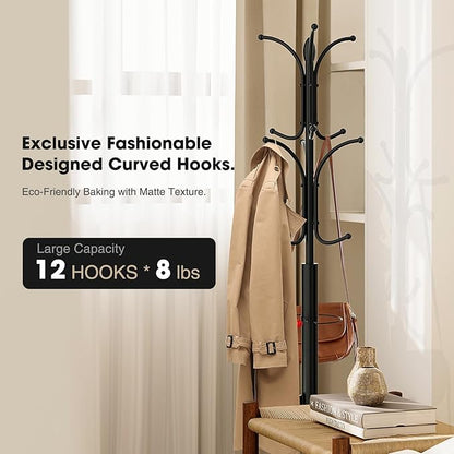 Coat Rack Freestanding,12 Hooks Metal Coat Racks with Umbrella Holder,Sturdy Hall Rree,Easy Assembly Coat Rack Stand for Hanging Scarf,Purse,Hats,Jacket(Black)