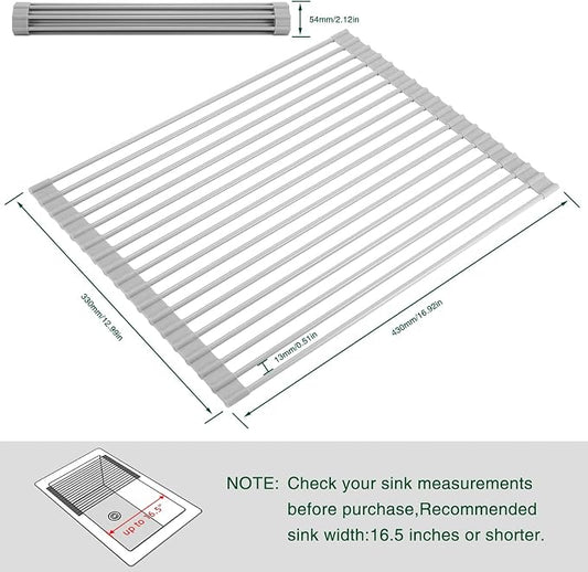 HANZENMA Roll Up Dish Drying Rack Over The Sink Kitchen Roll Up Sink Drying Rack Multipurpose Foldable Sink Drying Mat, Heat-Resistant, Anti-Slip & Anti-Rust Dish Rack for Kitchen, 17" x 13", Grey