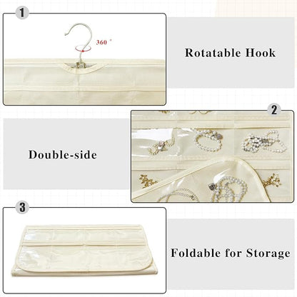 1 Pack Hanging Jewelry Organizer 80-Pocket Dual-sided Jewelry Storage for Earring Necklace Bracelet Ring Travel Holder, Beige