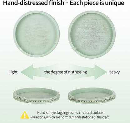 Hanobe Sage Green Tray Decor: Round Decorative Tray for Coffee Table Centerpiece - Wooden Candle Plate Holder for Rustic Farmhouse Home Living Room Kitchen Counter